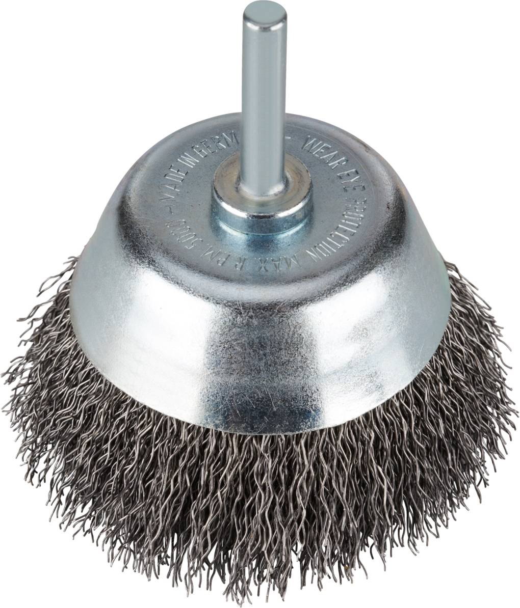 Drahtbürstenaufsatz mit Metallstiften und rundem Kopf zur Reinigung oder Oberflächenbearbeitung von Materialien.