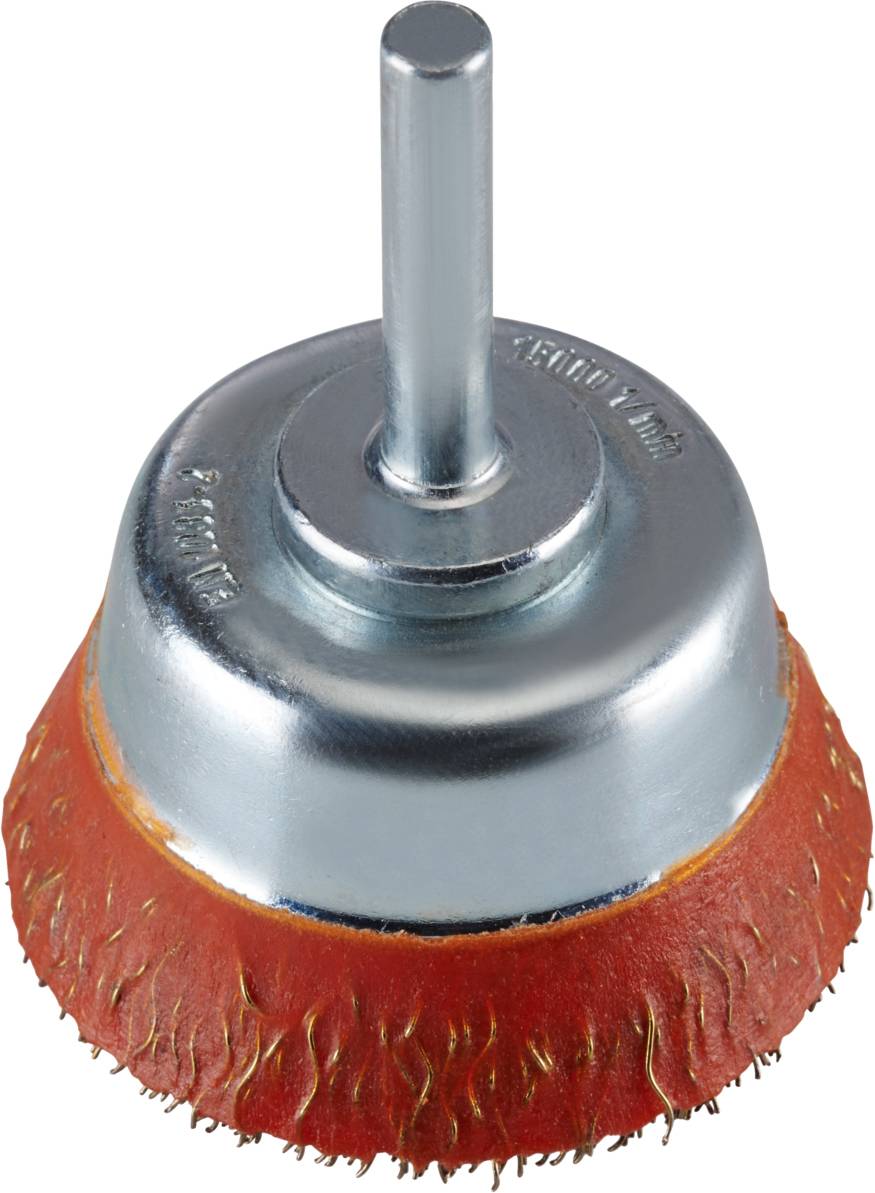 Metallbürstenaufsatz mit roten Borsten, geeignet für Bohrmaschinen, zur Entfernung von Rost oder Farbe auf Metalloberflächen.