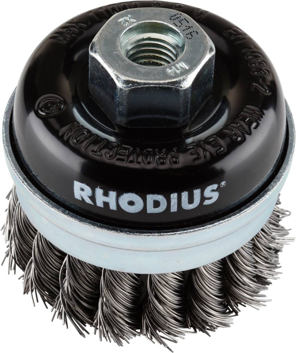 Metall-Drahtbürstenaufsatz mit blauen Borsten und schwarzer Kappe, markiert mit 'RHODIUS'. Geeignet für Bohrmaschinen.