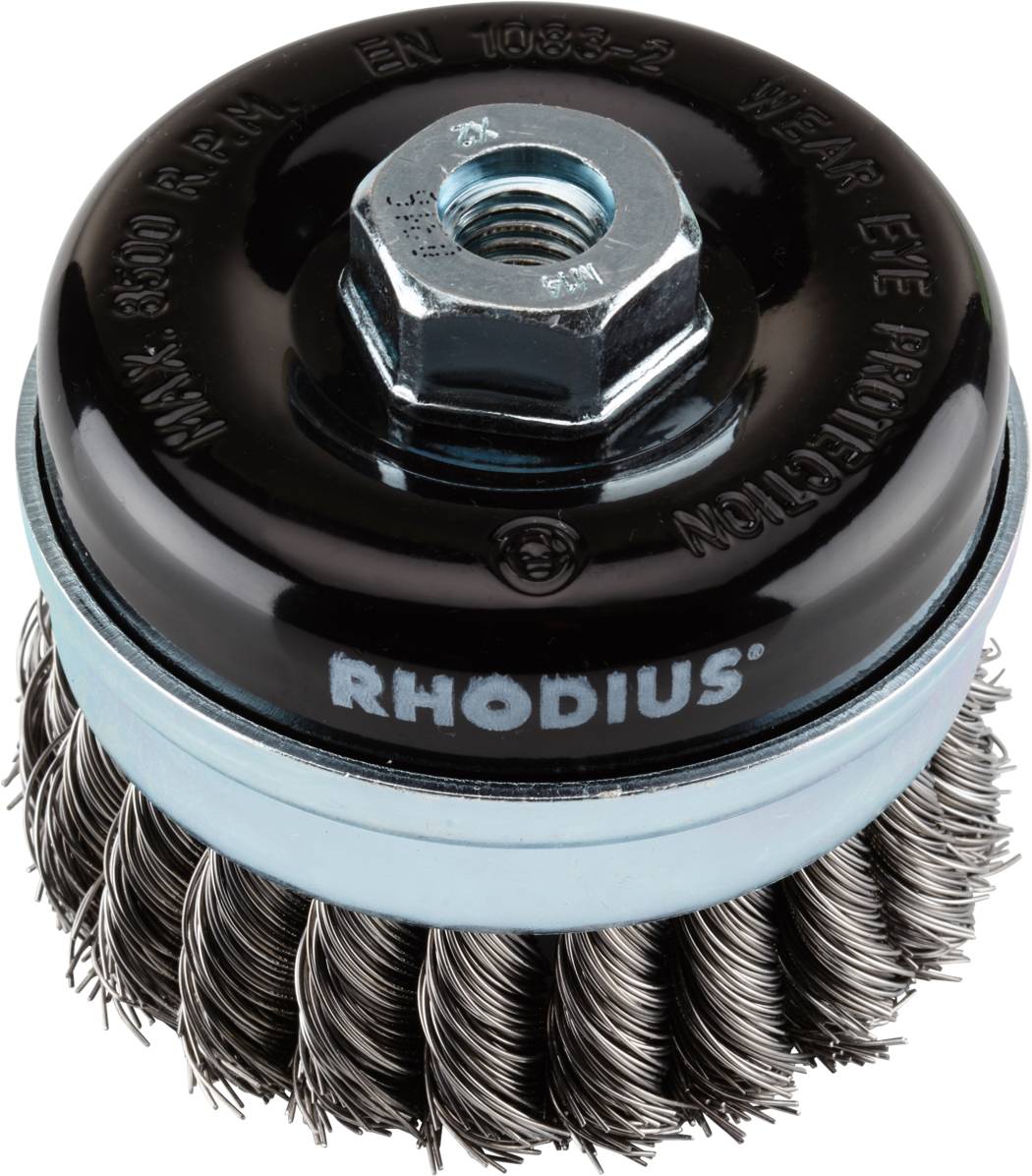 Drahtbürstenaufsatz mit Metallgewinde und der Aufschrift 'Rhodius'. Geeignet zur Reinigung von Oberflächen; robustes Design.