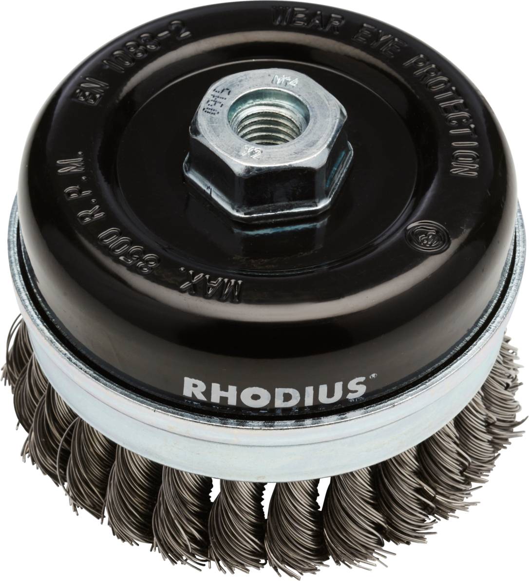 Runde, metallene Drahtbürste mit gedrehten Borsten und einer Beschriftung 'RHODIUS' auf der Oberseite. Geeignet zum Schleifen und Reinigen von Oberflächen.
