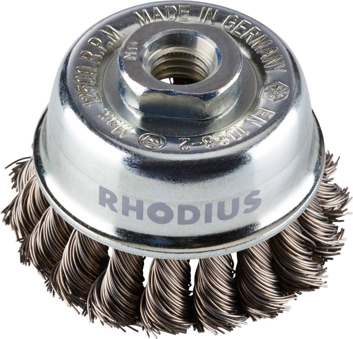 Eine Drahtbürste mit Metallgehäuse, Aufschrift 'RHODIUS', in Deutschland hergestellt. Geeignet zum Abtragen von Rost oder Farbe.