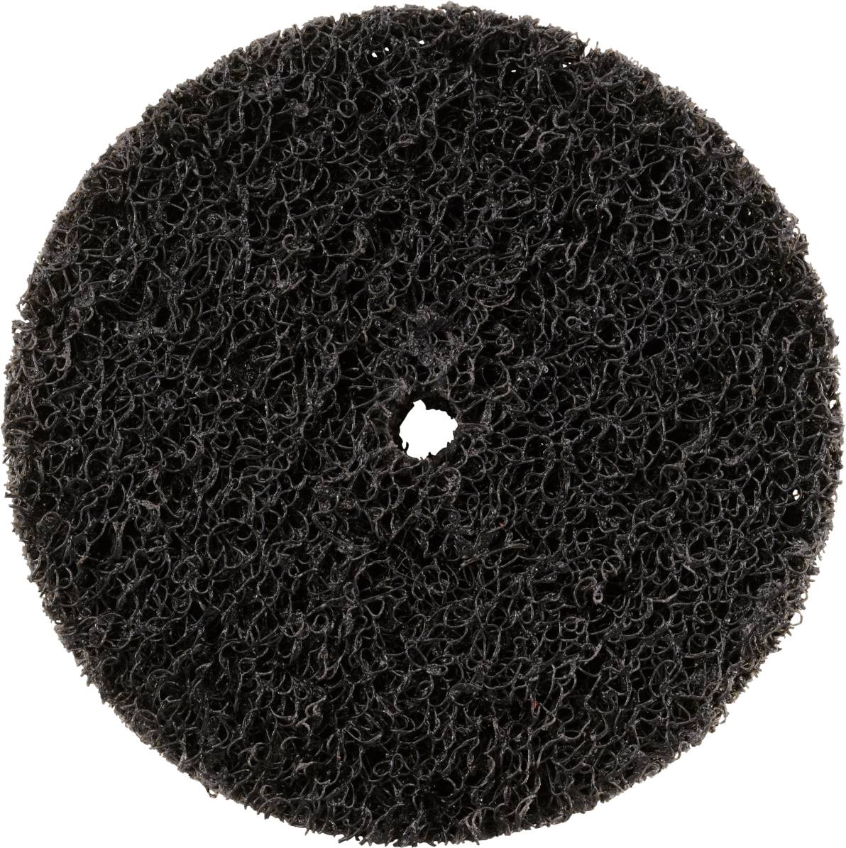 Schwarze, runde Schleifscheibe mit grober, fasriger Textur und einer zentralen Öffnung.