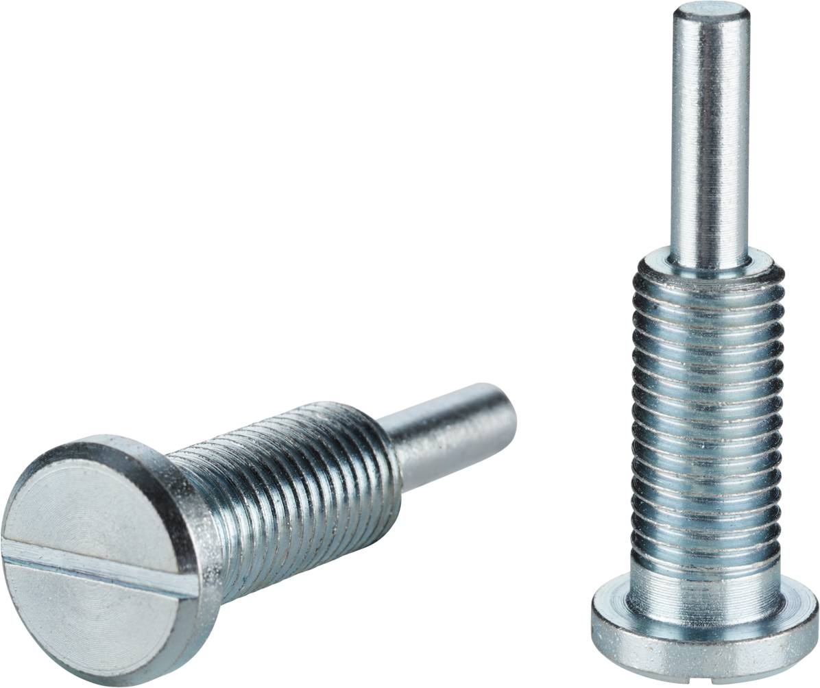 Zwei Metallschrauben, eine liegend und eine stehend, mit geriffeltem Gewinde und Schlitzkopf, auf weißem Hintergrund.