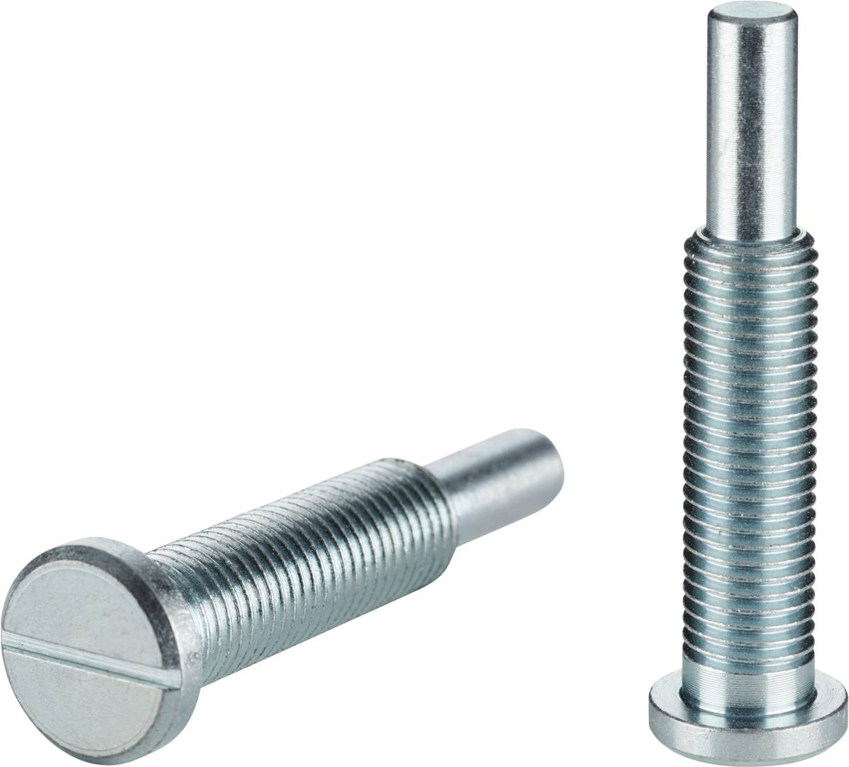 Zwei metallische Schrauben: Eine liegt flach mit schlitzförmigem Kopf, die andere steht aufrecht. Sie sind glatt und glänzend.