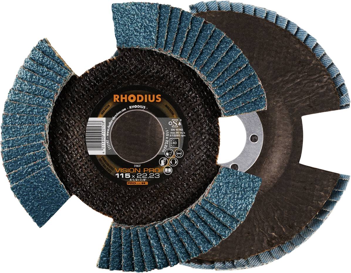 Eine RHODIUS Schleifscheibe mit blauem Schleifmaterial, sichtbar von oben, geeignet für die Bearbeitung von Metalloberflächen.