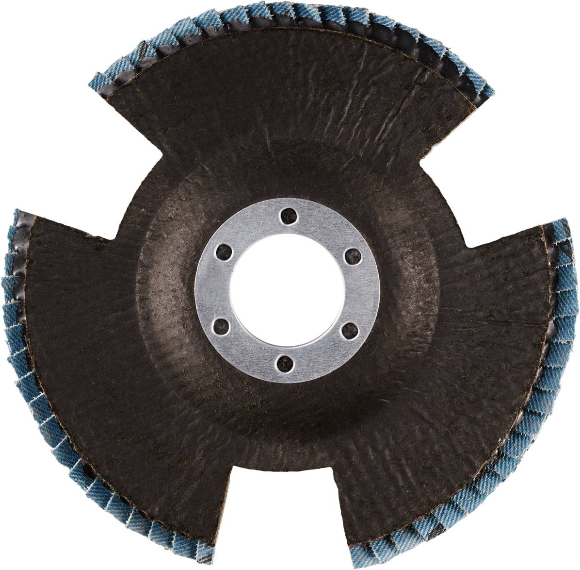 Flachrund-Schleifscheibe mit runder Metallmitte und blauen Kanten, verwendet zum Schleifen von Materialien wie Metall oder Holz.