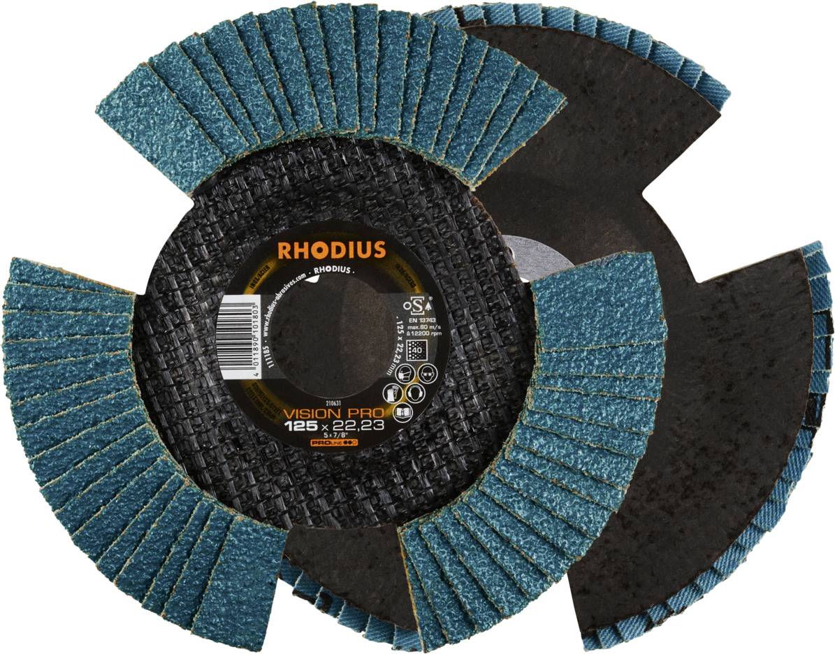 Schleifscheibe mit blau-grünen Lamellen, schwarzem Kern, und 'RHODIUS VISION PRO 125 x 22,23' Beschriftung auf der Vorderseite.