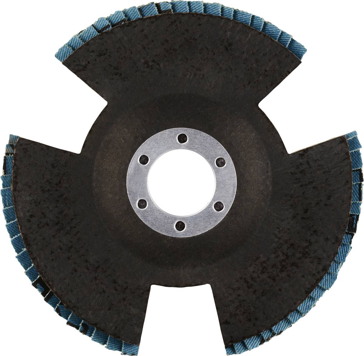 Rundes Schleifwerkzeug mit vier symmetrischen Einschnitten und blauen Kanten, hauptsächlich schwarz mit zentralem Metallloch.