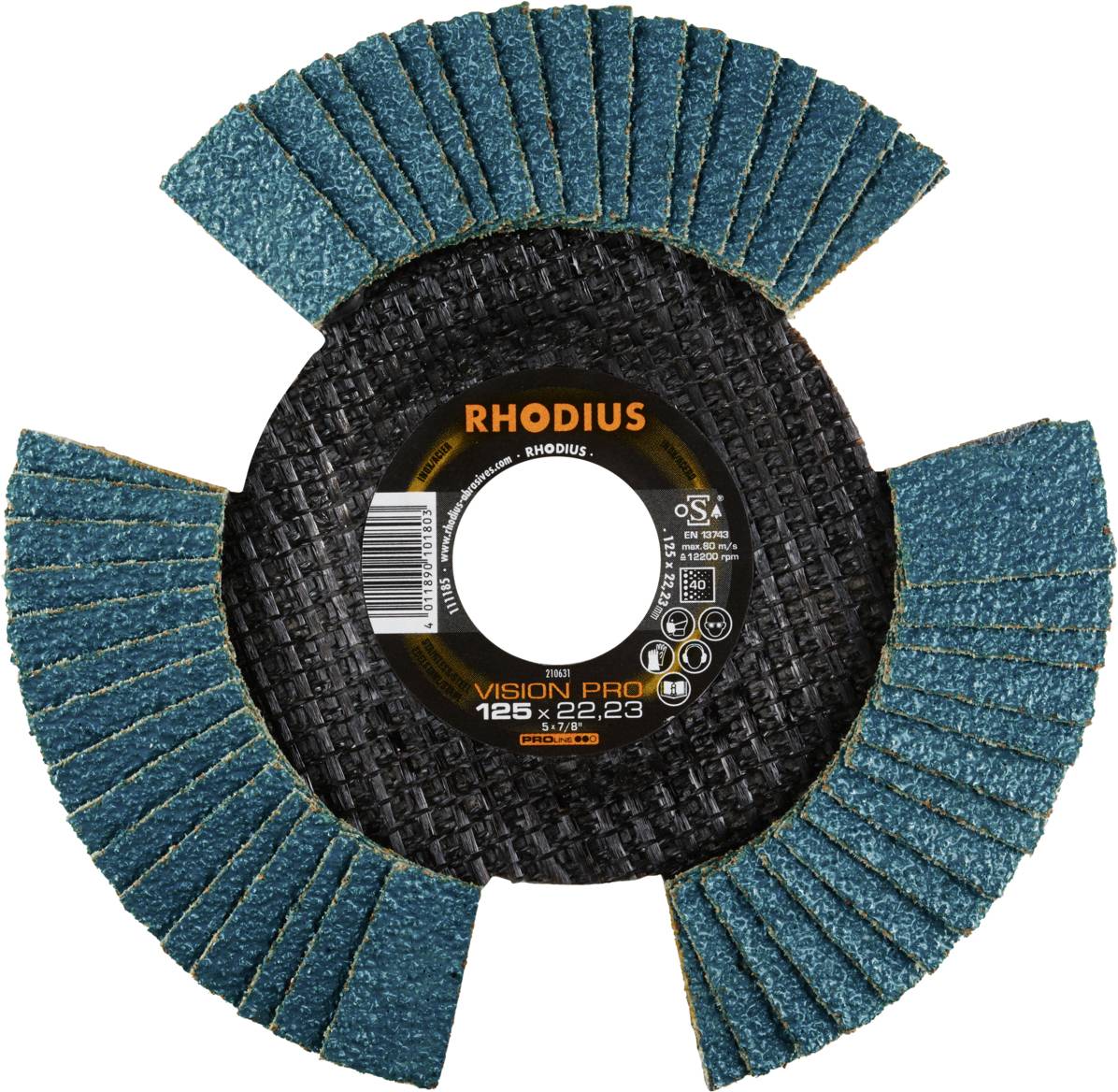 Rhodius Vision Pro Schleifscheibe mit segmentiertem Design, blau-schwarz, Durchmesser 125 mm, für effiziente Schleifarbeiten.
