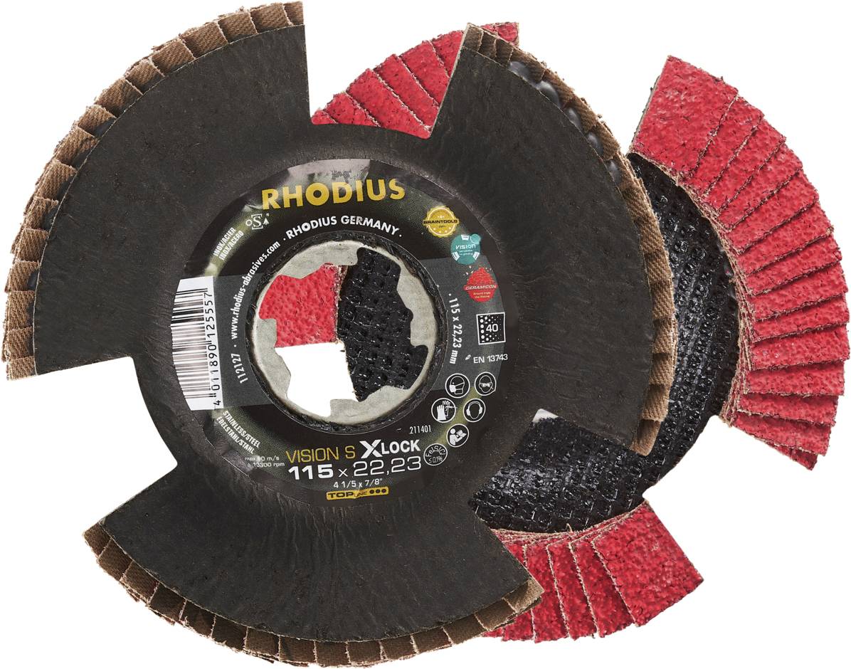 Schleifscheibe mit 'RHODIUS'-Aufdruck. Größe: 115 x 22,23 mm. Geeignet für Schliffarbeiten, mit X-Lock System.