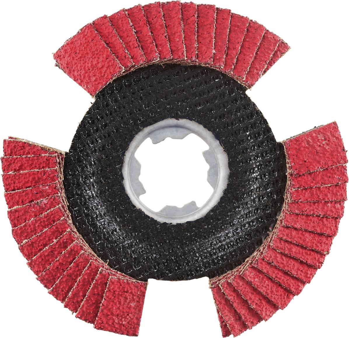 Die Schleifscheibe mit rotem Schleifmittel und schwarzer Mitte ist sternförmig. Sie dient zum Schleifen von Metall- oder Holzoberflächen.