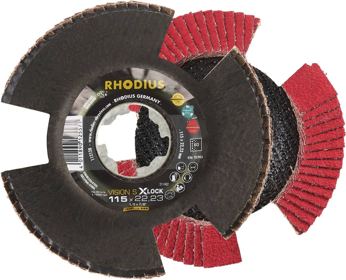 'RHODIUS' Schleifscheiben, durchbrochenes Design für bessere Kühlung, hergestellt in Deutschland, geeignet für XLock 115x22,23 mm.