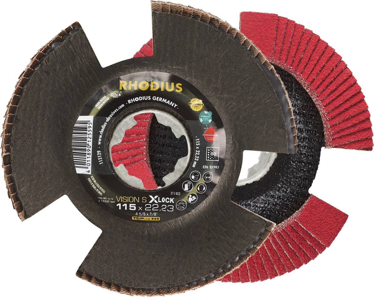 'RHODIUS Vision S X-LOCK' Trennschleifscheibe, rot und schwarz, mit geöffneter Abdeckung. Zum Trennen von Metall, 115 x 22,23 mm.