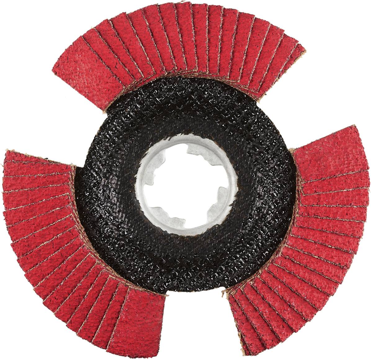 Eine Schleifscheibe mit schwarzen und roten Segmenten auf weißem Hintergrund, geeignet für das Schleifen von Materialien.