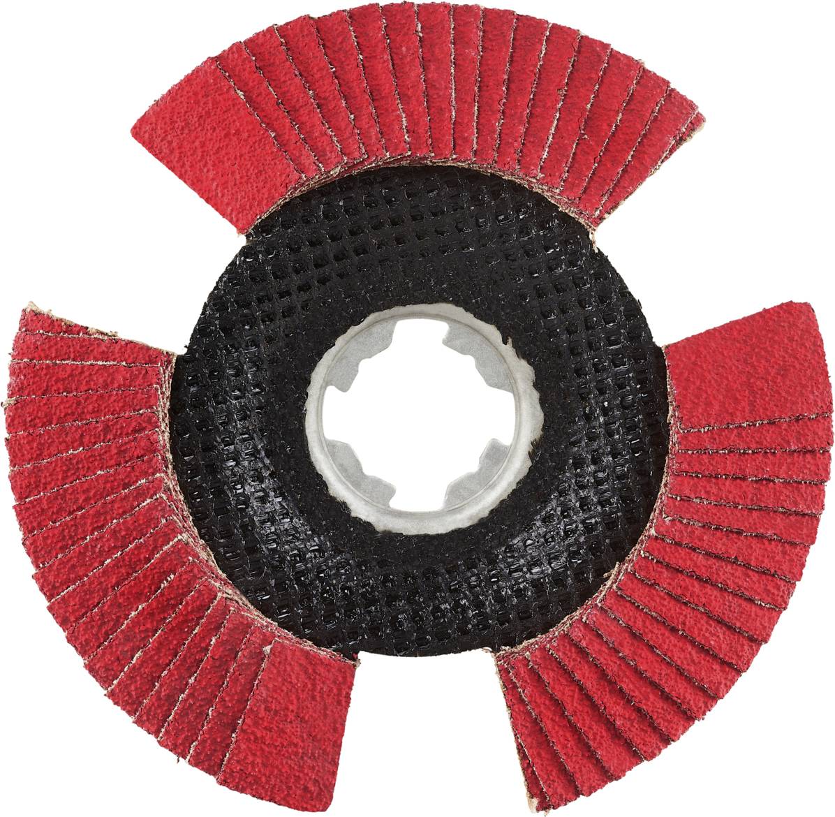 Ein roter Schleifscheibenkopf mit vier offenliegenden Segmenten und einer runden Befestigung in der Mitte.