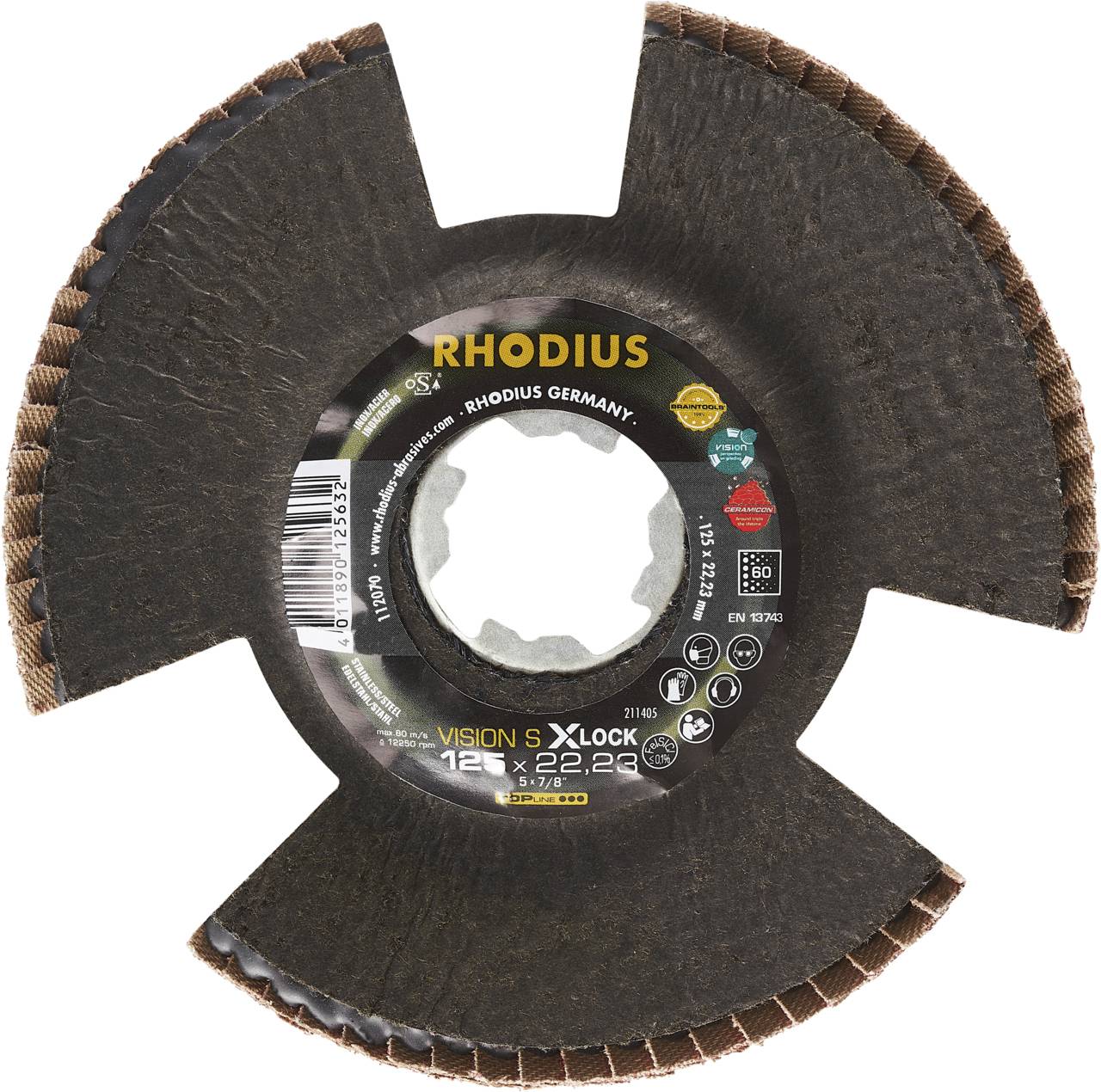 Eine Schleifscheibe der Marke Rhodius, Modell Vision S X-Lock, mit 125 mm Durchmesser, 22,23 mm Bohrung, zur Metallbearbeitung.