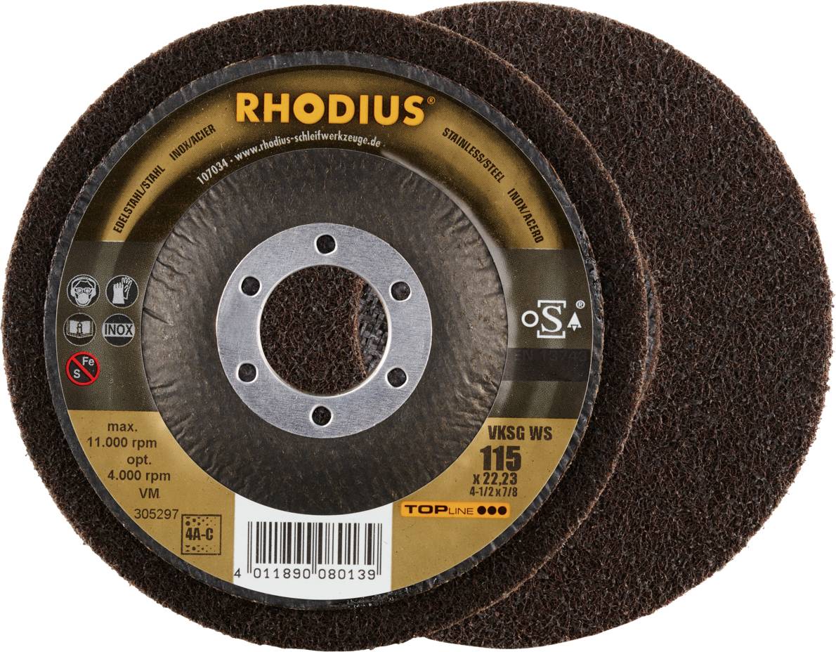 Eine braune Schleifscheibe der Marke Rhodius, geeignet für max. 11.000 U/min und optional 4.000 U/min. Modell: VN5G WS, 115 x 22,23 mm.