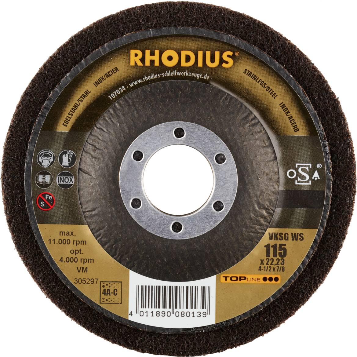 Rhodius 305297 VKSG WS, 2 Stück Vlieskompaktscheibe 115 x 22,23 mm, gerade, 4A-coarse, TOPline, Made in Germany, für Edelstahl