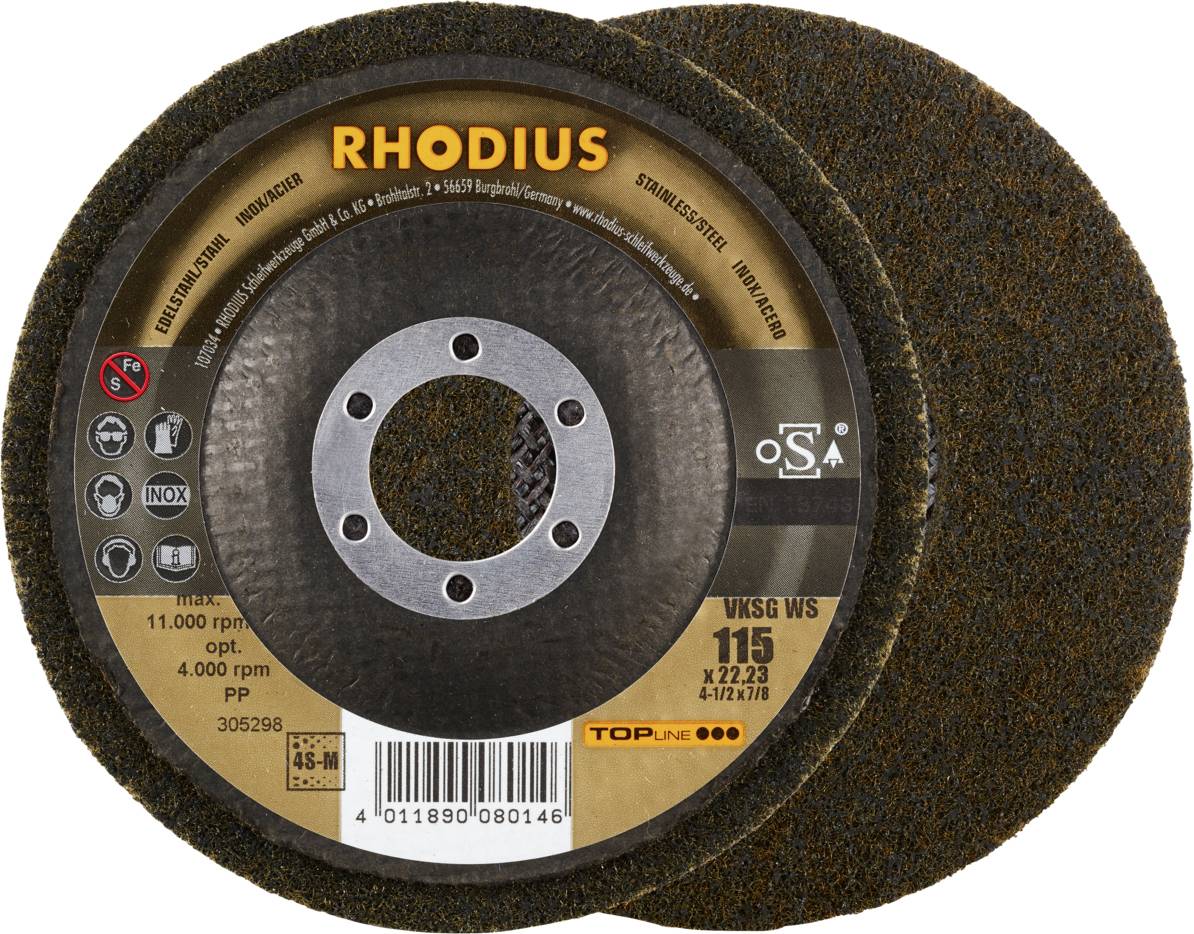 Schleifscheibe 'RHODIUS', 115 mm Durchmesser, geeignet für Stahl und Edelstahl, max. Drehzahl 11.000 U/min, korrodiertes Design.