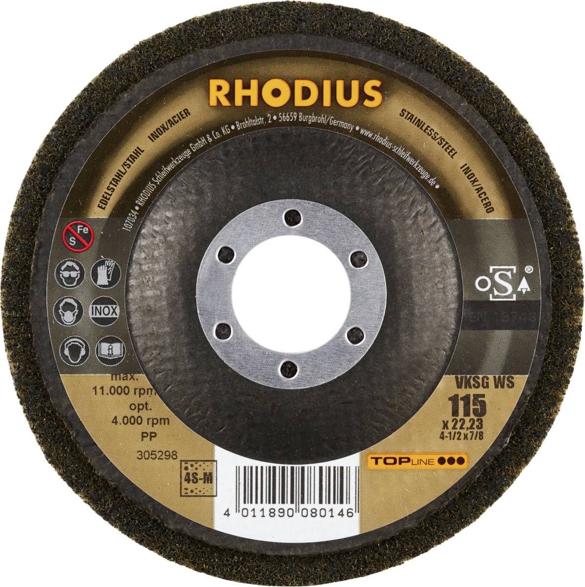 Rhodius 305298 VKSG WS, 2 Stück Vlieskompaktscheibe 115 x 22,23 mm, gerade, 4S-medium, TOPline, Made in Germany, für Edelstahl