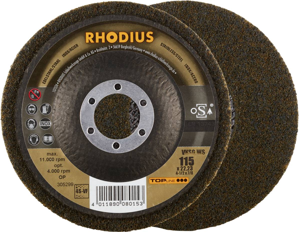 Schleifscheiben von Rhodius, Modellnummer VKS WS, für Metallbearbeitung. Geeignet für max. 11.000 U/min, Durchmesser 115 mm.