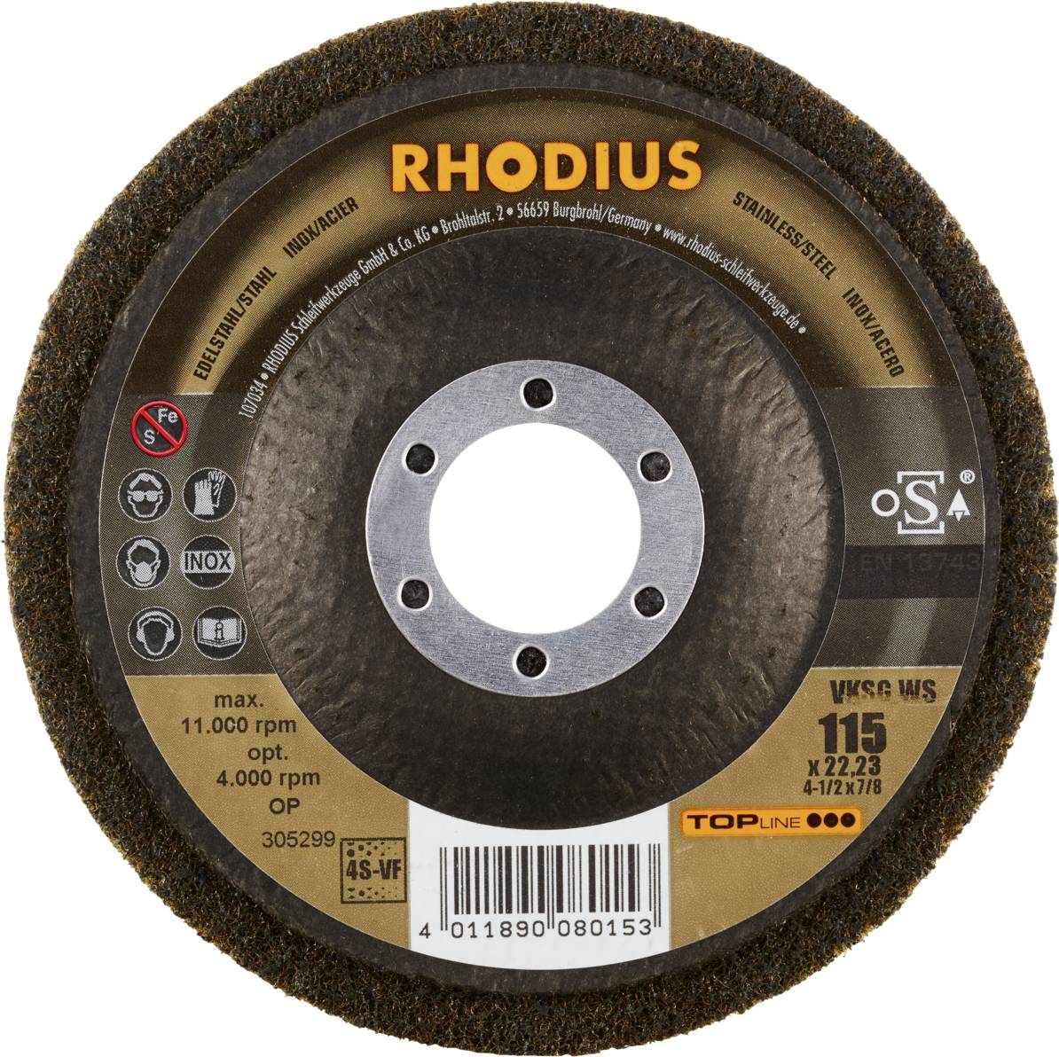 Rhodius 305299 VKSG WS, 2 Stück Vlieskompaktscheibe 115 x 22,23 mm, gerade, 4S-very fine, TOPline, Made in Germany, für Edelstahl