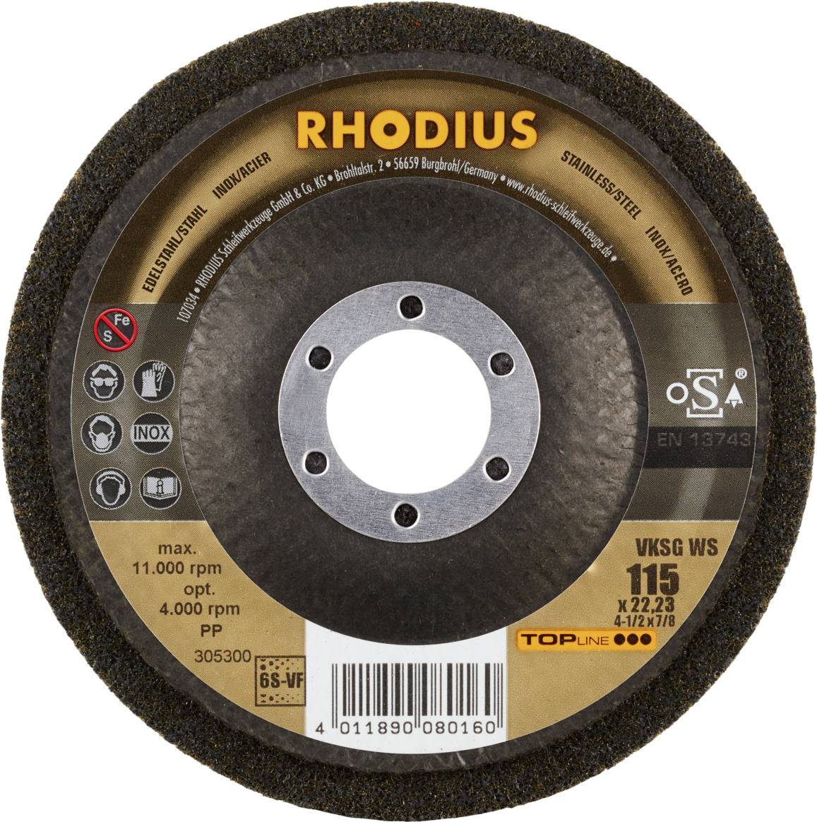 Rhodius 305300 VKSG WS, 2 Stück Vlieskompaktscheibe 115 x 22,23 mm, gerade, 6S-very fine, TOPline, Made in Germany, für Edelstahl