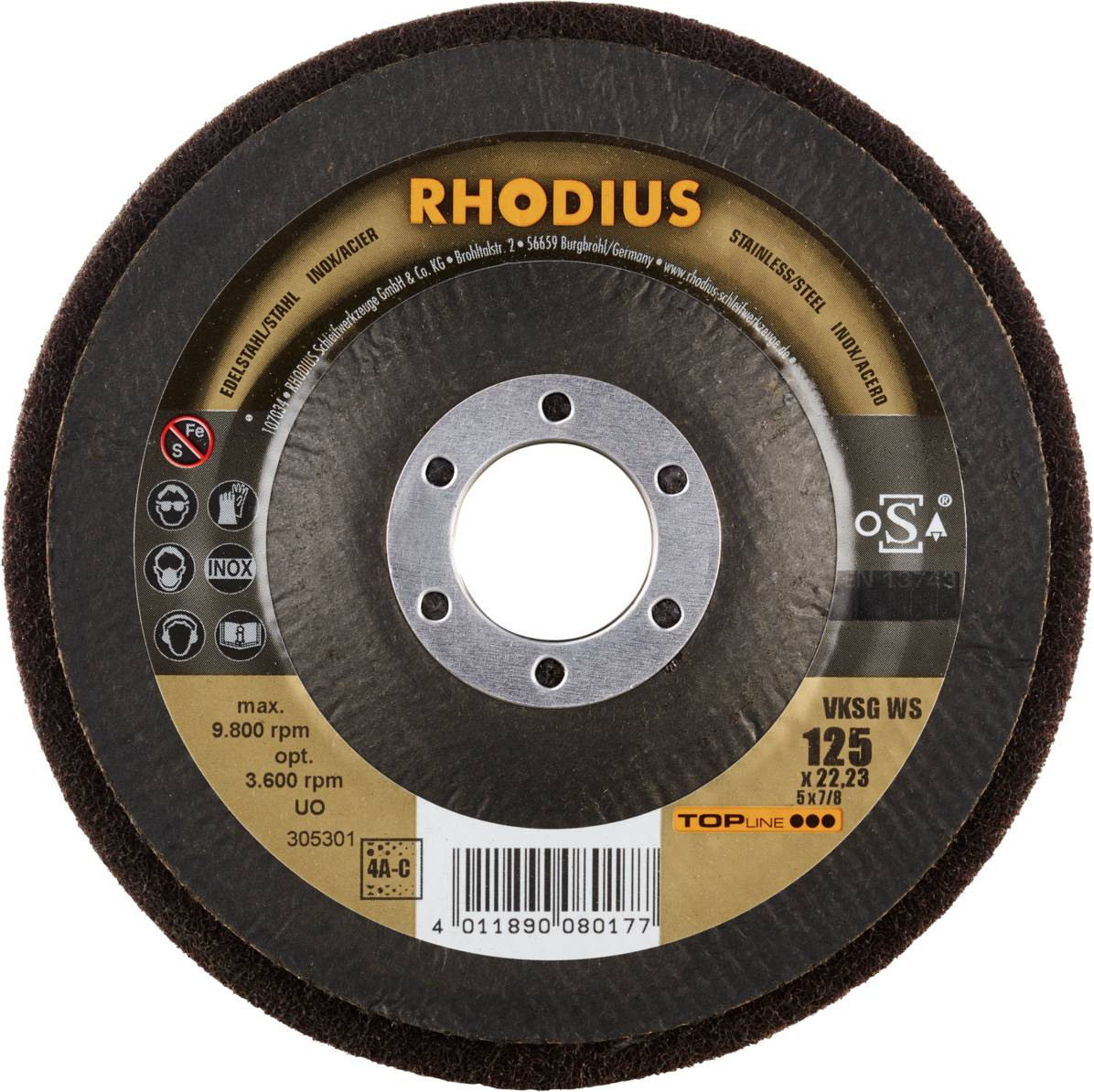 Rhodius 305301 VKSG WS, 2 Stück Vlieskompaktscheibe 125 x 22,23 mm, gerade, 4A-coarse, TOPline, Made in Germany, für Edelstahl