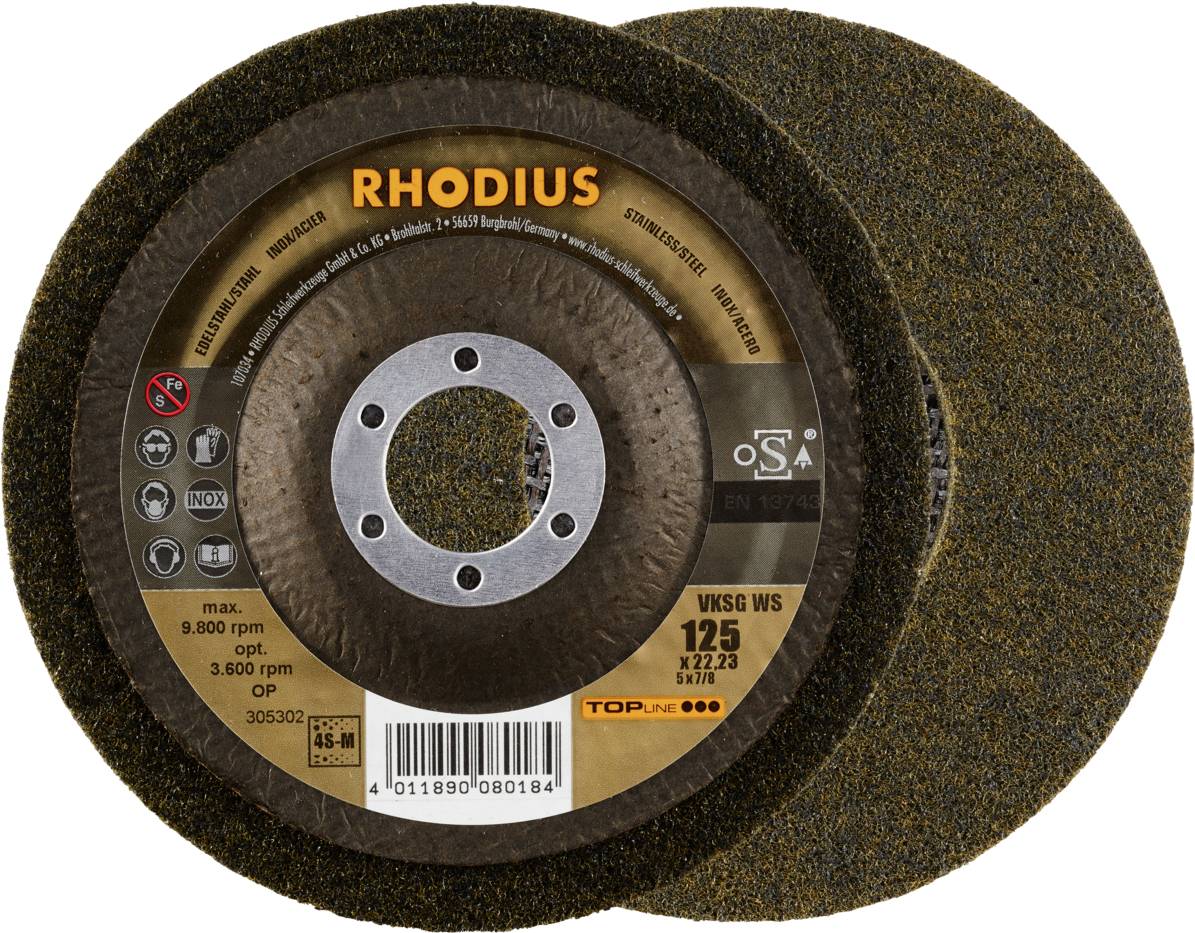 Rhodius 305302 VKSG WS, 2 Stück Vlieskompaktscheibe 125 x 22,23 mm, gerade, 4S-medium, TOPline, Made in Germany, für Edelstahl