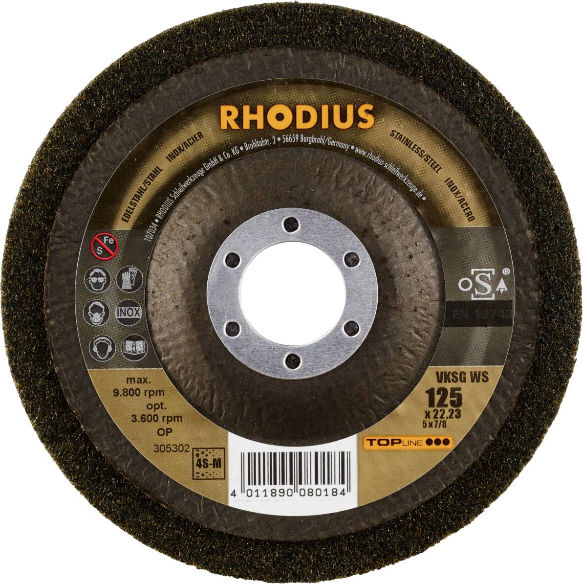 Rhodius 305302 VKSG WS, 2 Stück Vlieskompaktscheibe 125 x 22,23 mm, gerade, 4S-medium, TOPline, Made in Germany, für Edelstahl