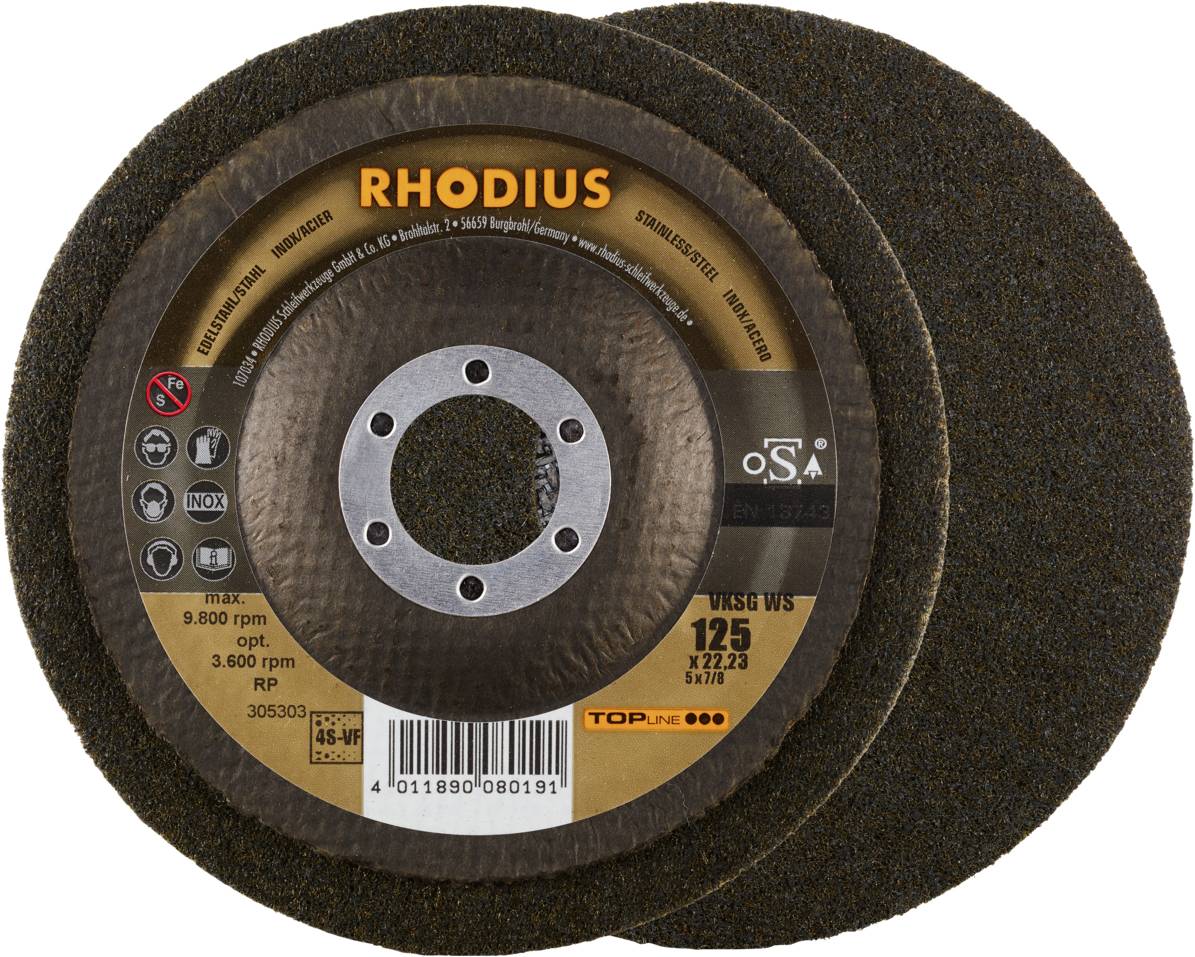 'RHODIUS' Schruppscheibe mit Standardmarkierungen, geeignet für Stahlbearbeitung. Max. Drehzahl: 13.300 U/min. Größe: 125 x 7,2 x 22,23 mm.
