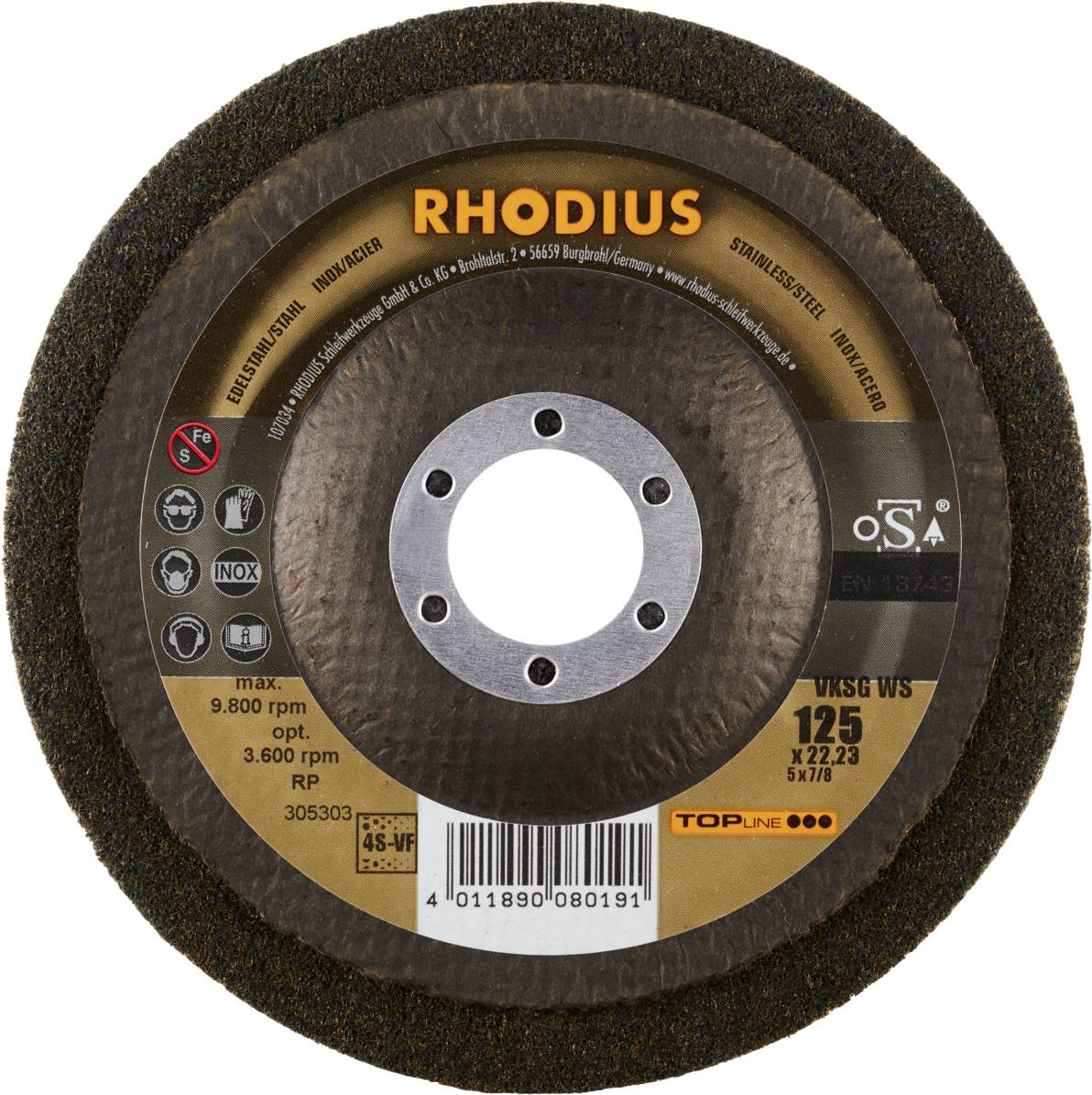 Rhodius 305303 VKSG WS, 2 Stück Vlieskompaktscheibe 125 x 22,23 mm, gerade, 4S-very fine, TOPline, Made in Germany, für Edelstahl