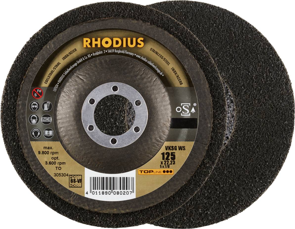 Zwei grobe Trennscheiben der Marke Rhodius, jeweils mit Informationen zu Geschwindigkeit und Materialeinsatz wie Edelstahl und Stahl.