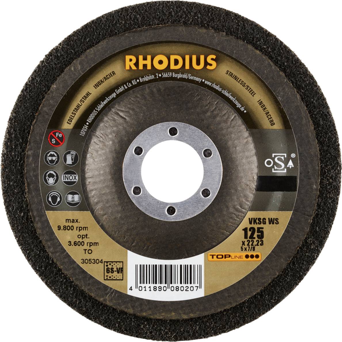 Rhodius 305304 VKSG WS, 2 Stück Vlieskompaktscheibe 125 x 22,23 mm, gerade, 6S-very fine, TOPline, Made in Germany, für Edelstahl