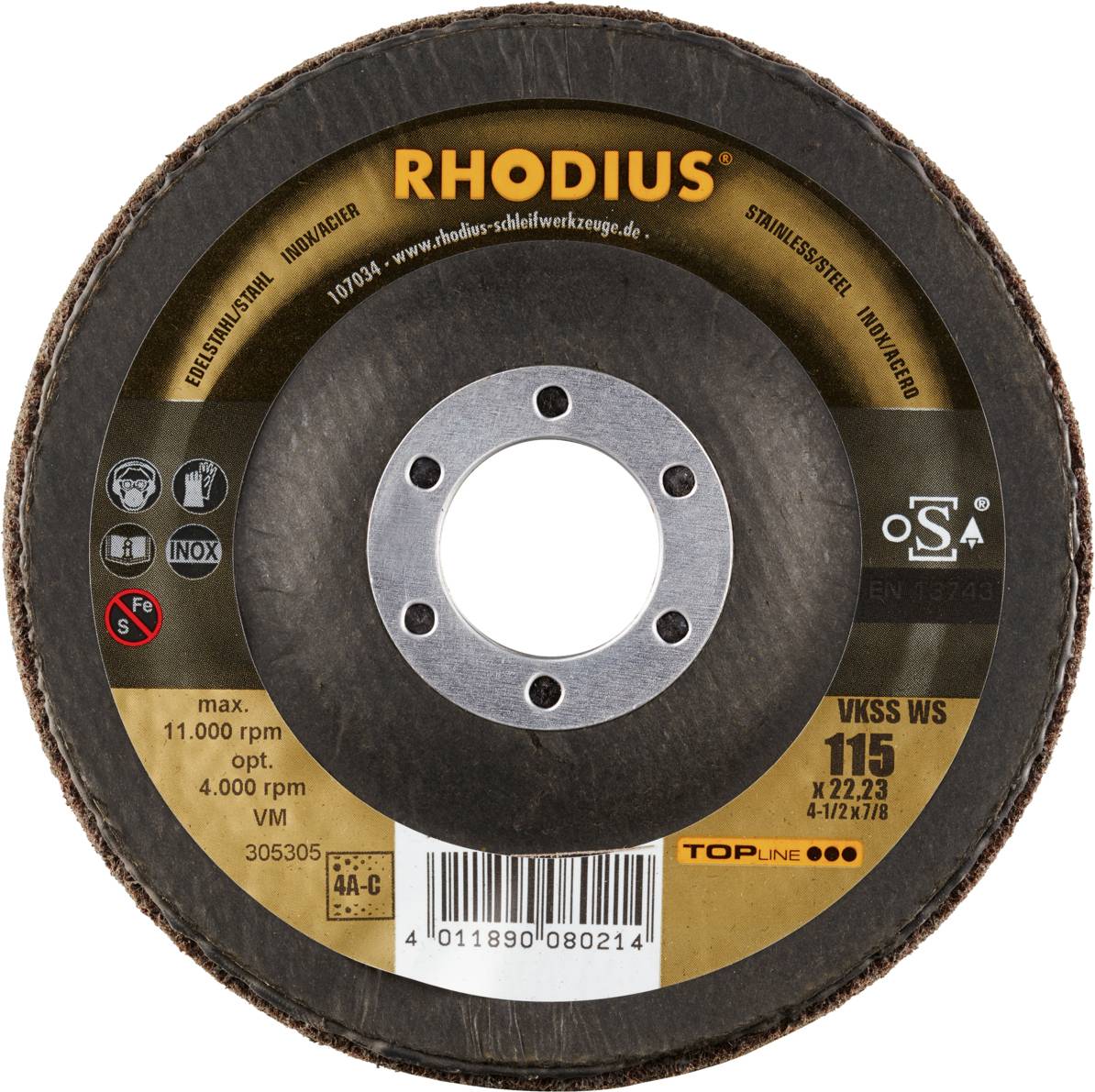 Rhodius 305305 VKSS WS, 2 Stück Vlieskompaktscheibe 115 x 22,23 mm, schräg, 4A-coarse, TOPline, Made in Germany, für Edelstahl