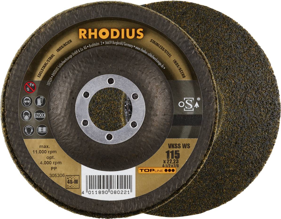 Rhodius 305306 VKSS WS, 2 Stück Vlieskompaktscheibe 115 x 22,23 mm, schräg, 4S-medium, TOPline, Made in Germany, für Edelstahl
