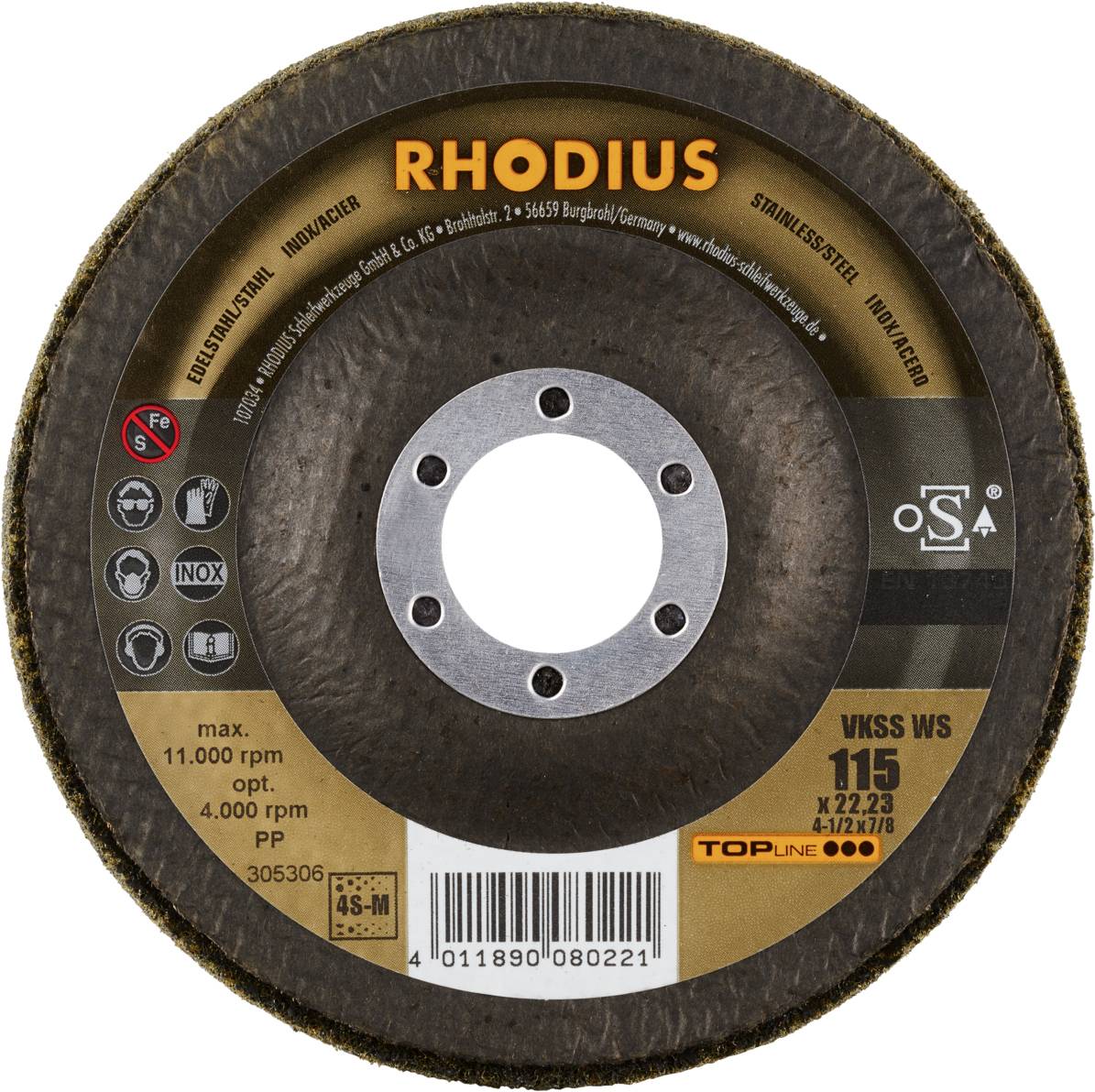 Rhodius 305306 VKSS WS, 2 Stück Vlieskompaktscheibe 115 x 22,23 mm, schräg, 4S-medium, TOPline, Made in Germany, für Edelstahl