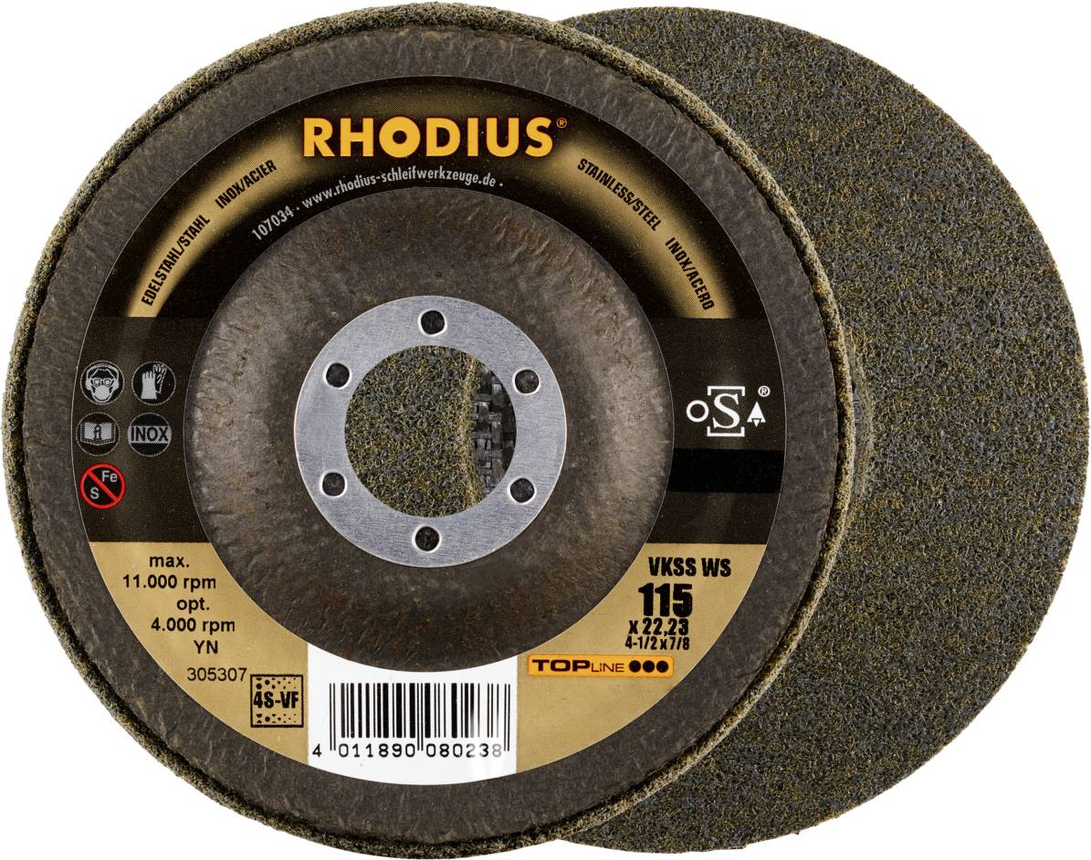 Rhodius 305307 VKSS WS, 2 Stück Vlieskompaktscheibe 115 x 22,23 mm, schräg, 4S-very fine, TOPline, Made in Germany, für Edelstahl