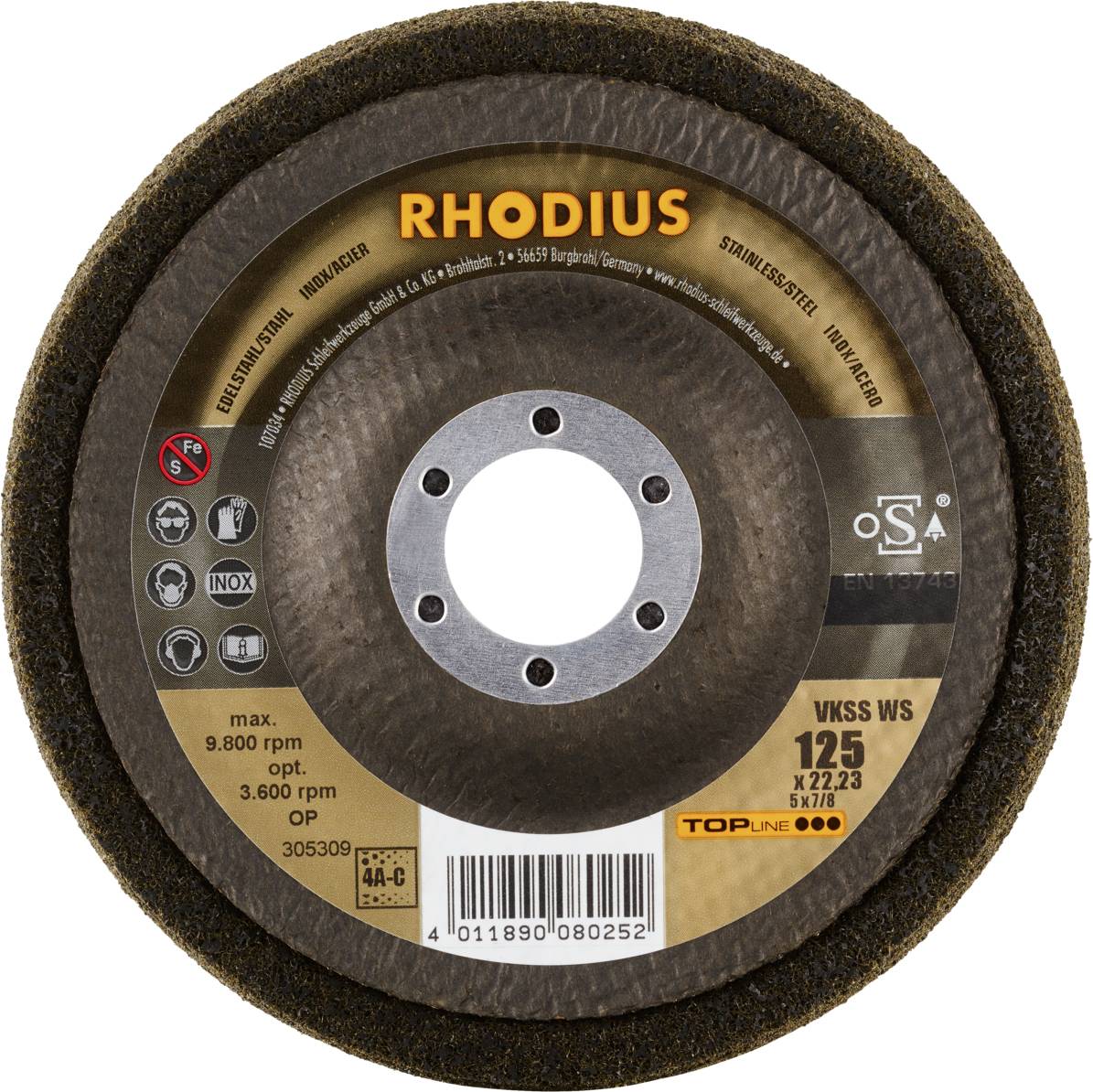 Rhodius 305309 VKSS WS, 2 Stück Vlieskompaktscheibe 125 x 22,23 mm, schräg, 4A-coarse, TOPline, Made in Germany, für Edelstahl