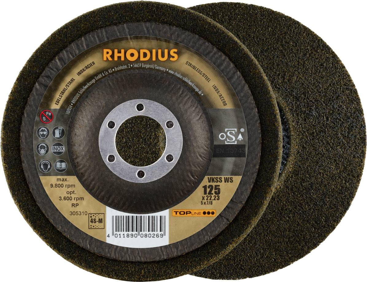 Rhodius 305310 VKSS WS, 2 Stück Vlieskompaktscheibe 125 x 22,23 mm, schräg, 4S-medium, TOPline, Made in Germany, für Edelstahl