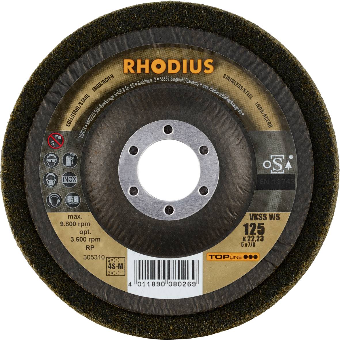 Rhodius 305310 VKSS WS, 2 Stück Vlieskompaktscheibe 125 x 22,23 mm, schräg, 4S-medium, TOPline, Made in Germany, für Edelstahl