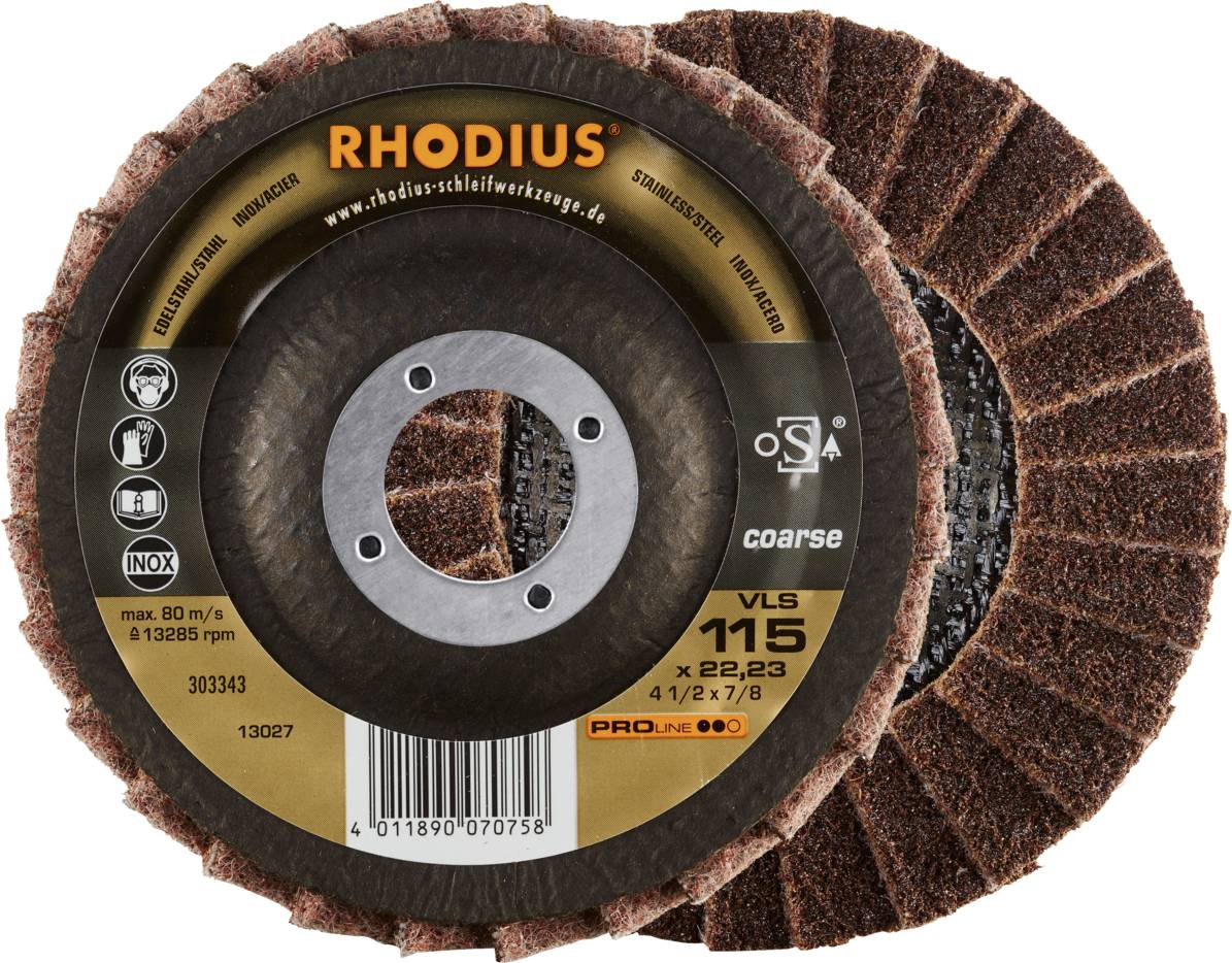 'RHODIUS Schleifscheibe VLS 115' zeigt zwei grobe, runde Schleifscheiben mit braunem Schleifbelag und zentraler Bohrung.