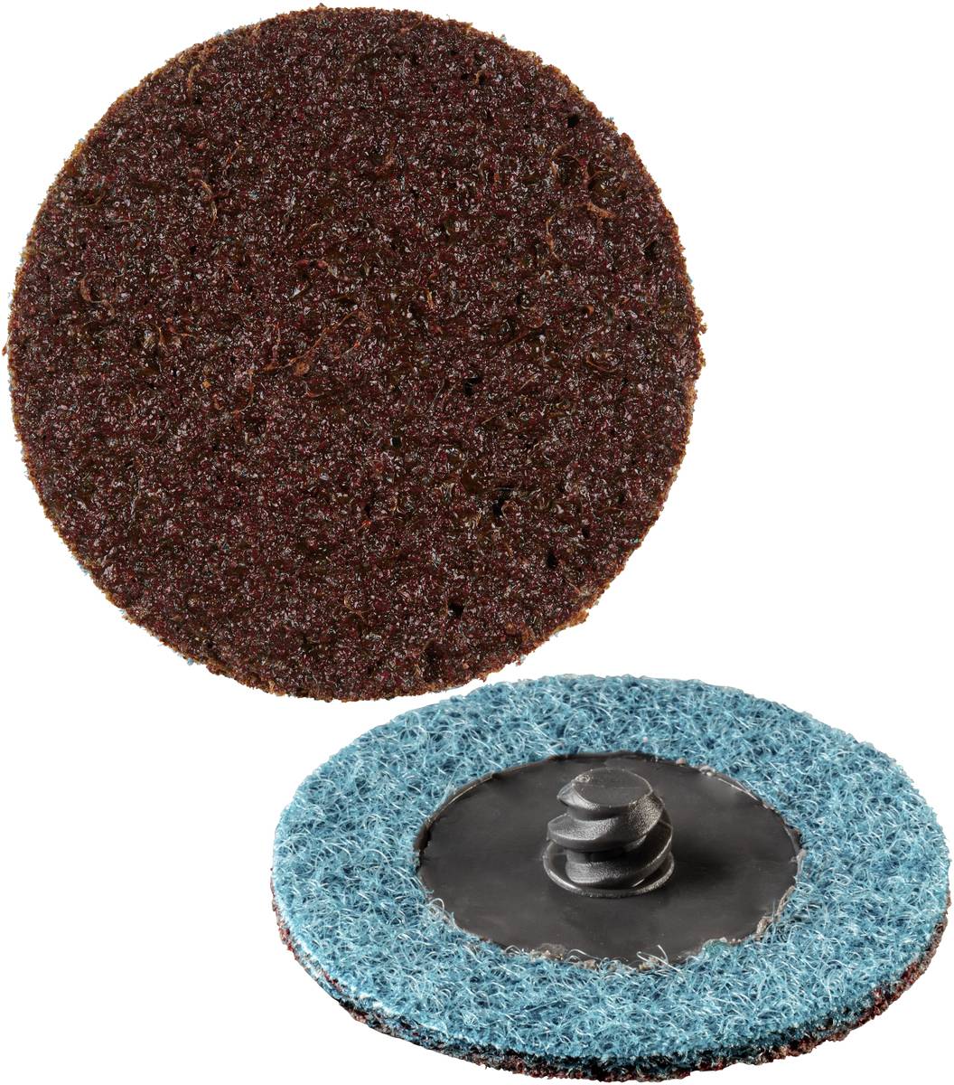 Zwei Schleifscheiben: eine aus braunem Schleifmaterial, eine mit blauer Oberfläche und Schraubbefestigung auf der Rückseite.