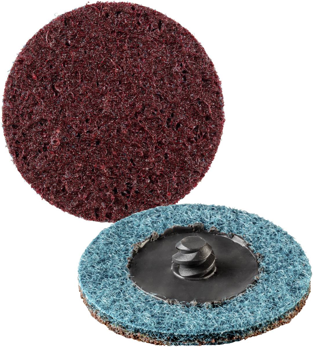 Zwei Schleifscheiben: Eine mit roter, grober Oberfläche, die andere mit blauer Unterseite und schwarzer, erhöhter Befestigung.