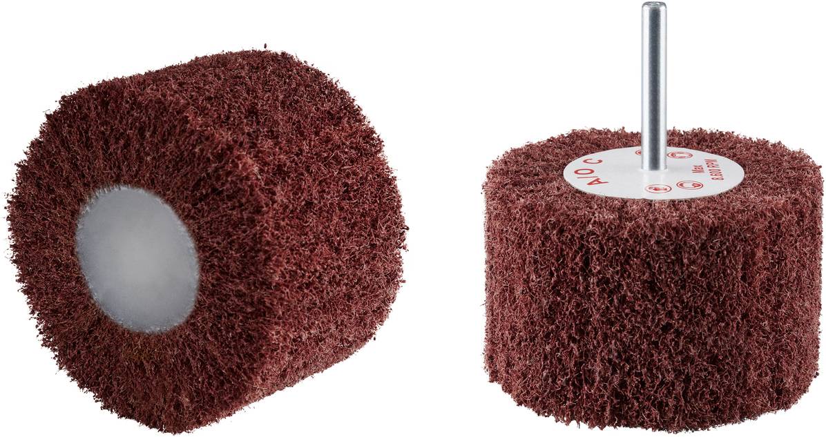 Zwei rotbraune Schleifwerkzeuge mit rundem Körper und Metallstift oben, geeignet für Oberflächenbearbeitung und Polieren.