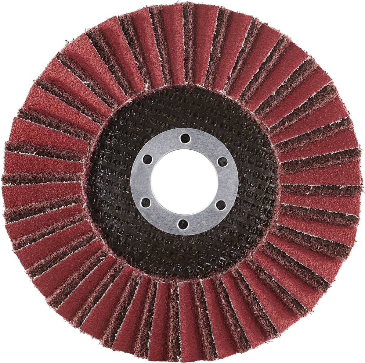 Eine rotbraune Lamellenscheibe zum Schleifen. Radiale Lamellen um das zentrale Befestigungsloch. Verwendet für Metallbearbeitung.