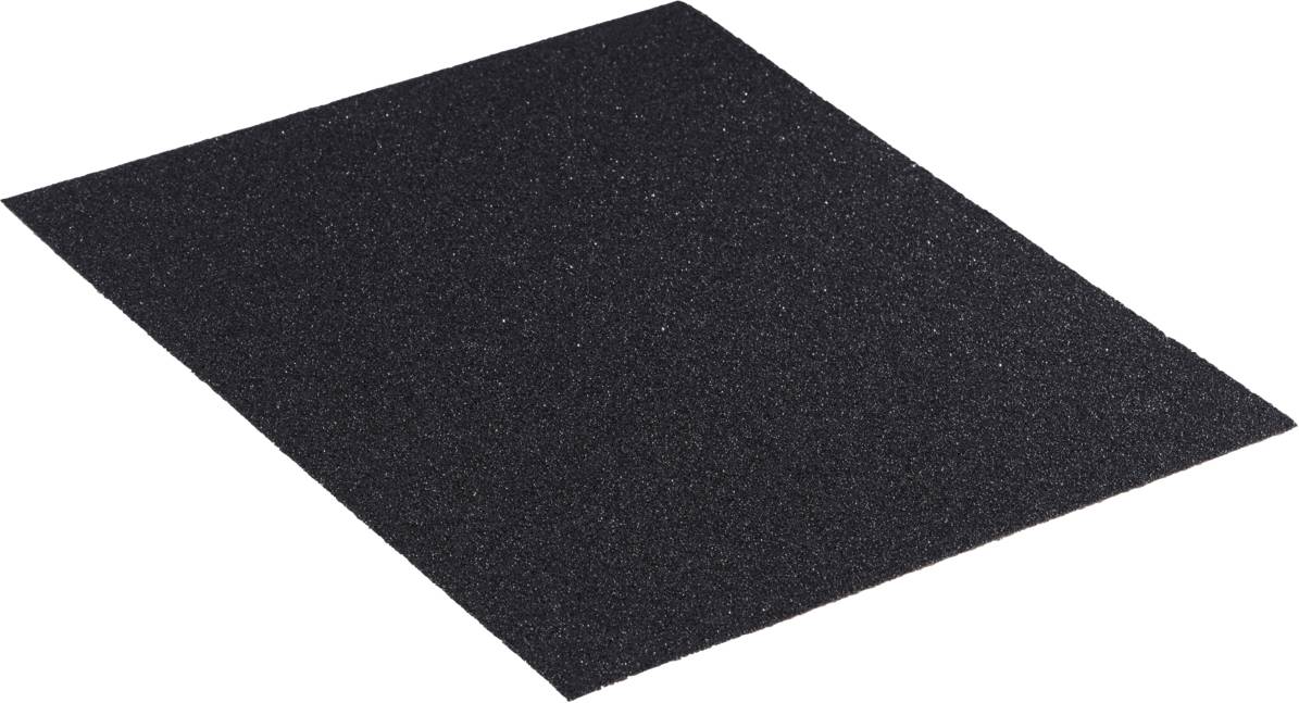 Schwarzes Schleifpapierblatt, leicht schräg fotografiert. Verwendet für manuelles oder maschinelles Schleifen von Oberflächen.