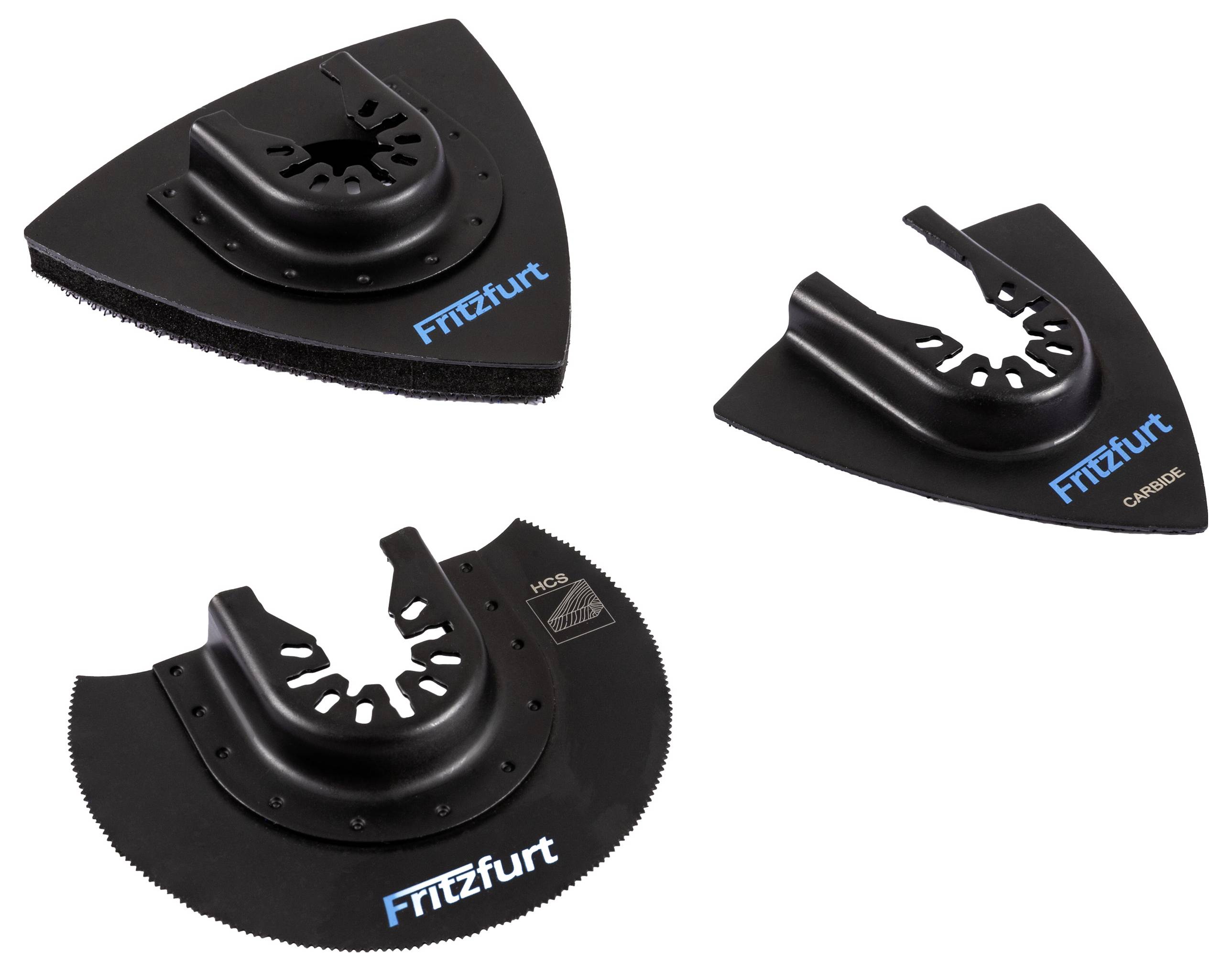Drei schwarze Multifunktionswerkzeug-Klingen der Marke 'Fritzfurt', einschließlich eines dreieckigen Schleifpads, einer Präzisionssägeblatt und eines halbkreisförmigen Sägeblatts.