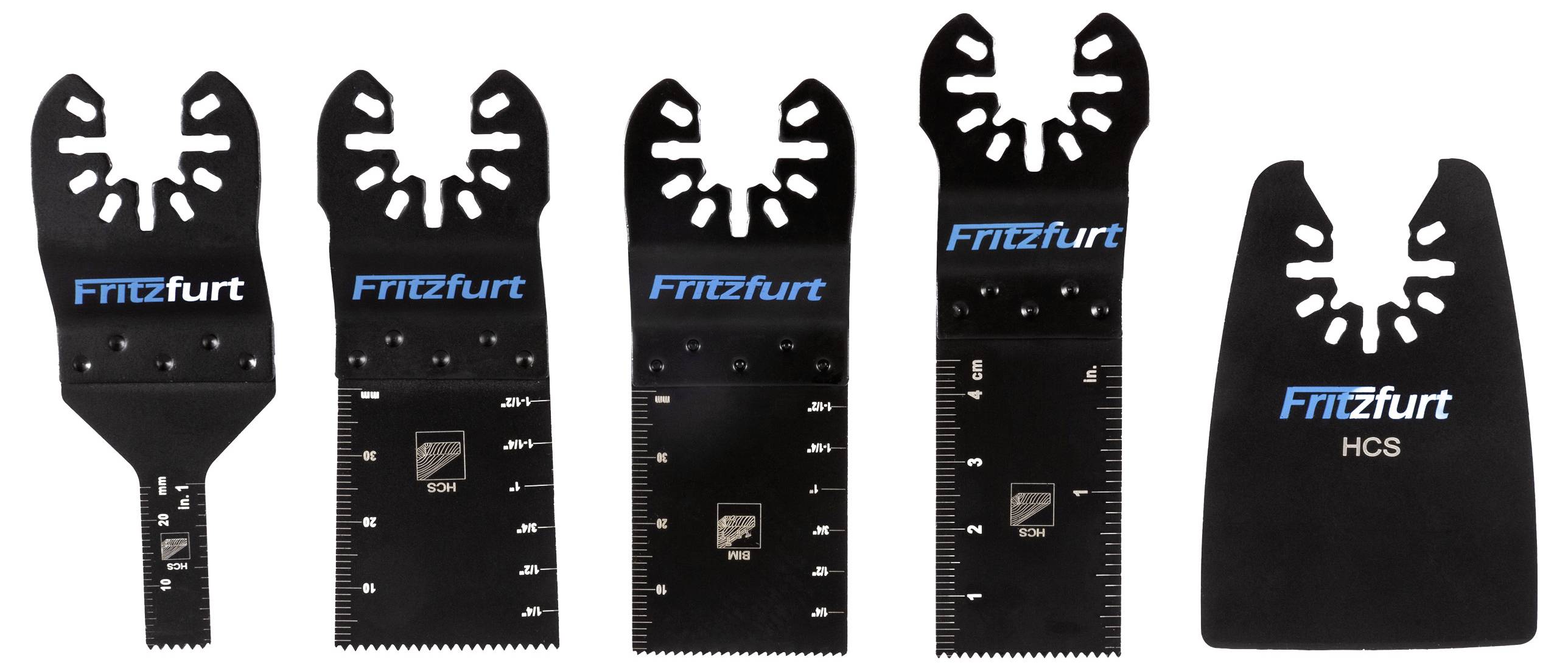 Fünf schwarze oszillierende Werkzeugklingen mit Linealmarkierungen und 'Fitzfurt'-Branding, in einer Reihe auf weißem Hintergrund angeordnet.